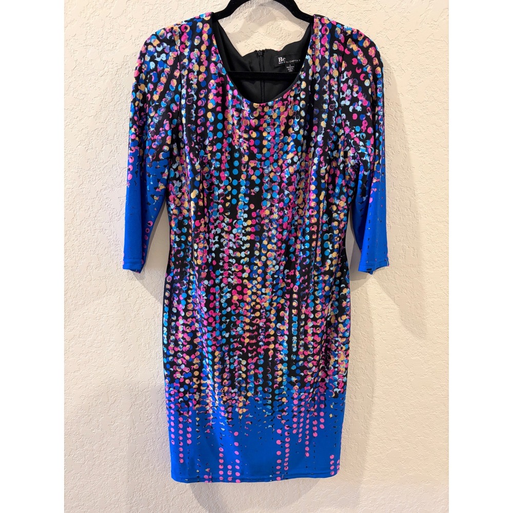 Be by Chetta B Multi Color Confetti Polka Dot Sheath Dress Blue Black Size 8